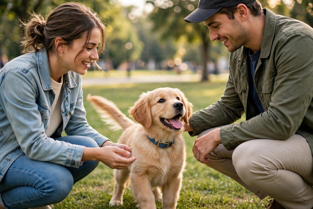 Happy golden retriever puppy meeting people in a sunny park during socialization