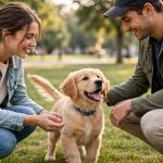 Happy golden retriever puppy meeting people in a sunny park during socialization