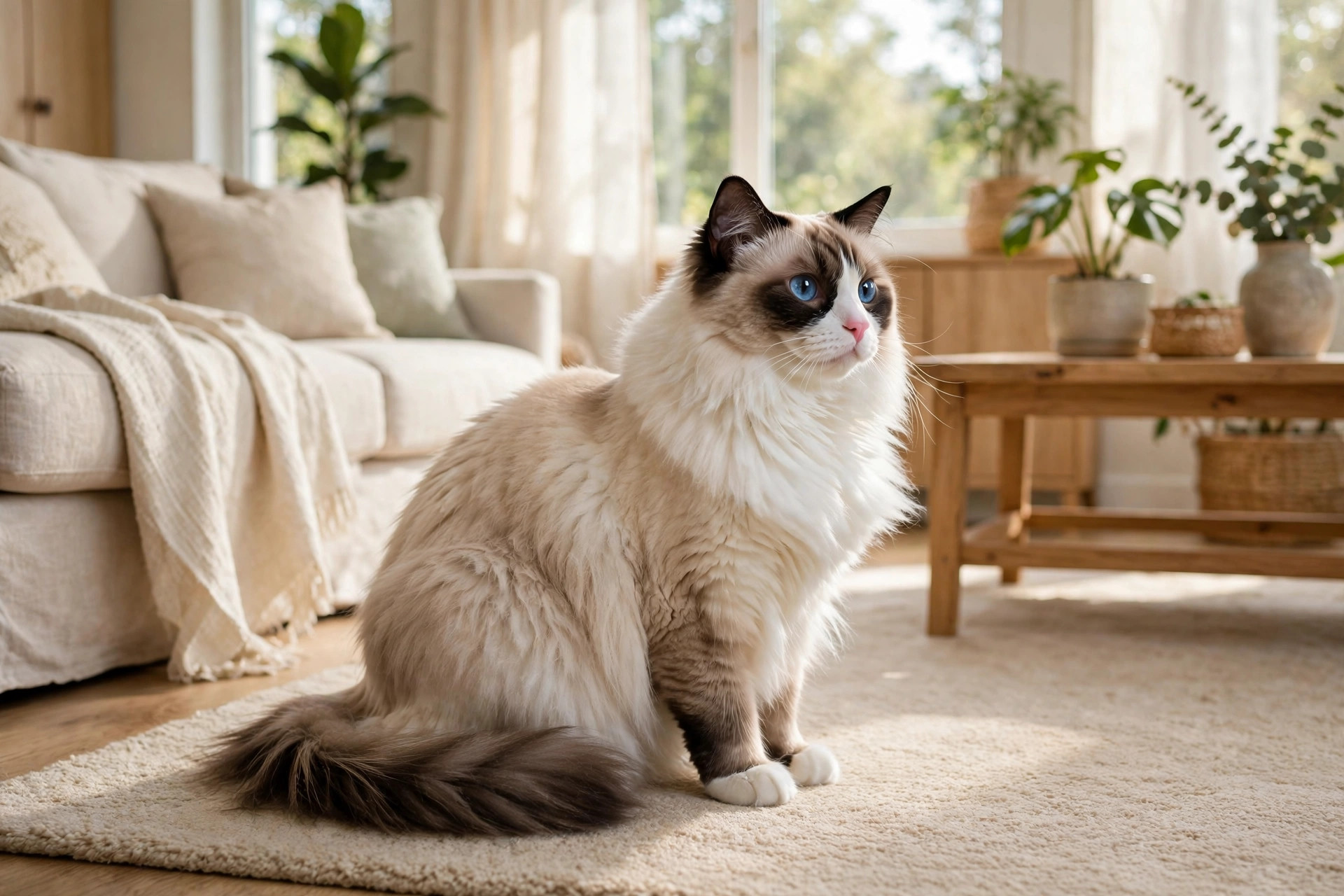 Seal-point Ragdoll cat with deep blue eyes sitting in a sunlit living room