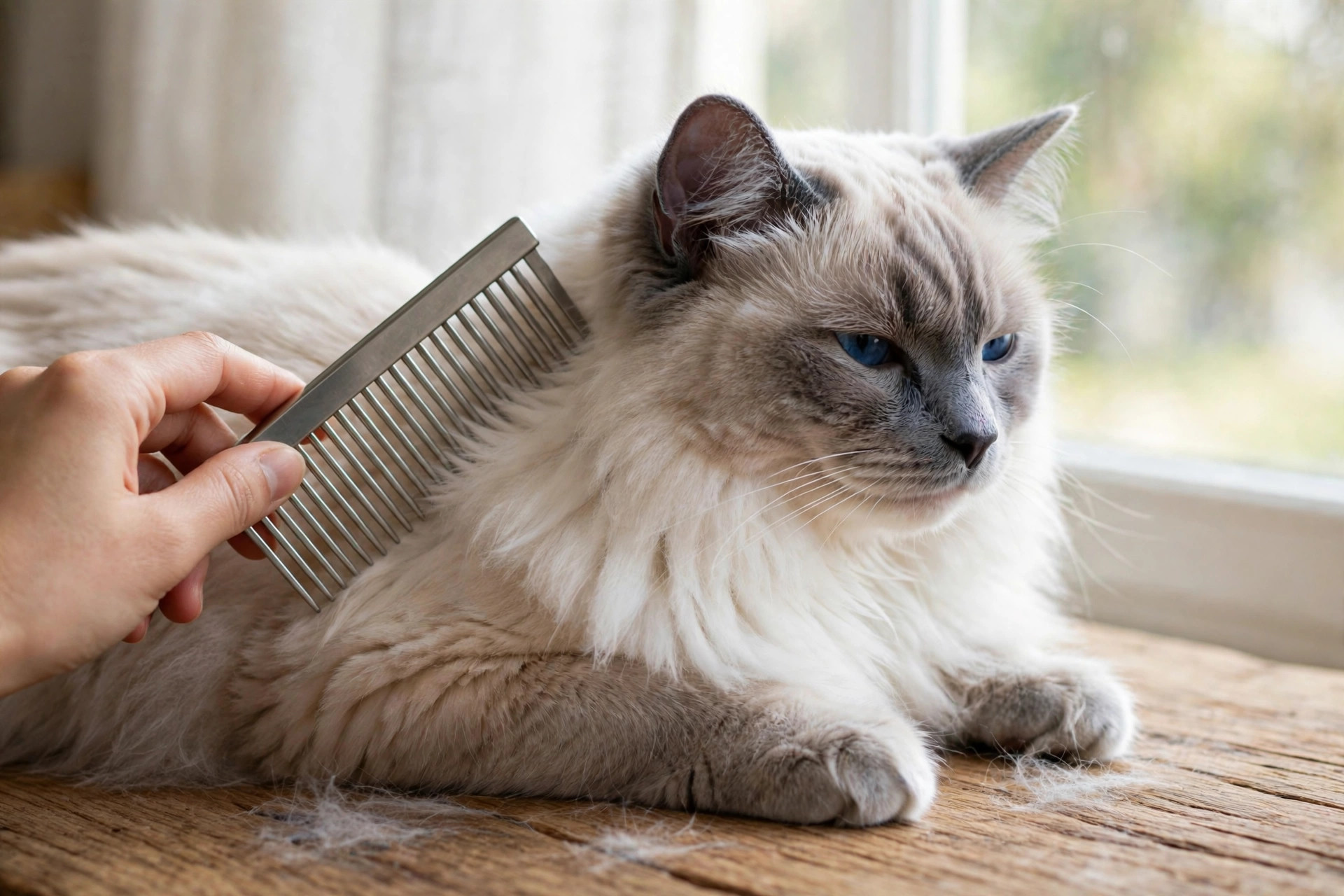Person gently combing a Ragdoll cat's silky semi-long coat by a window