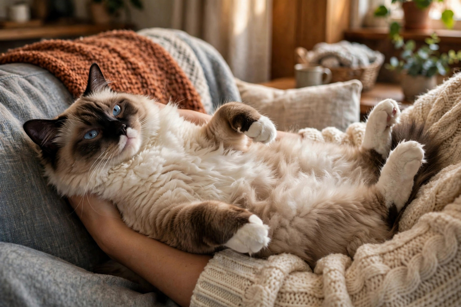 Relaxed Ragdoll cat lying flopped on its back being cuddled on a couch