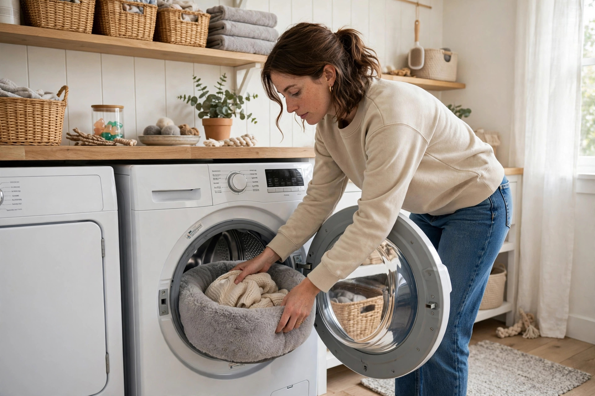 Owner placing a cat bed and blanket into a washing machine to kill ringworm spores in cats