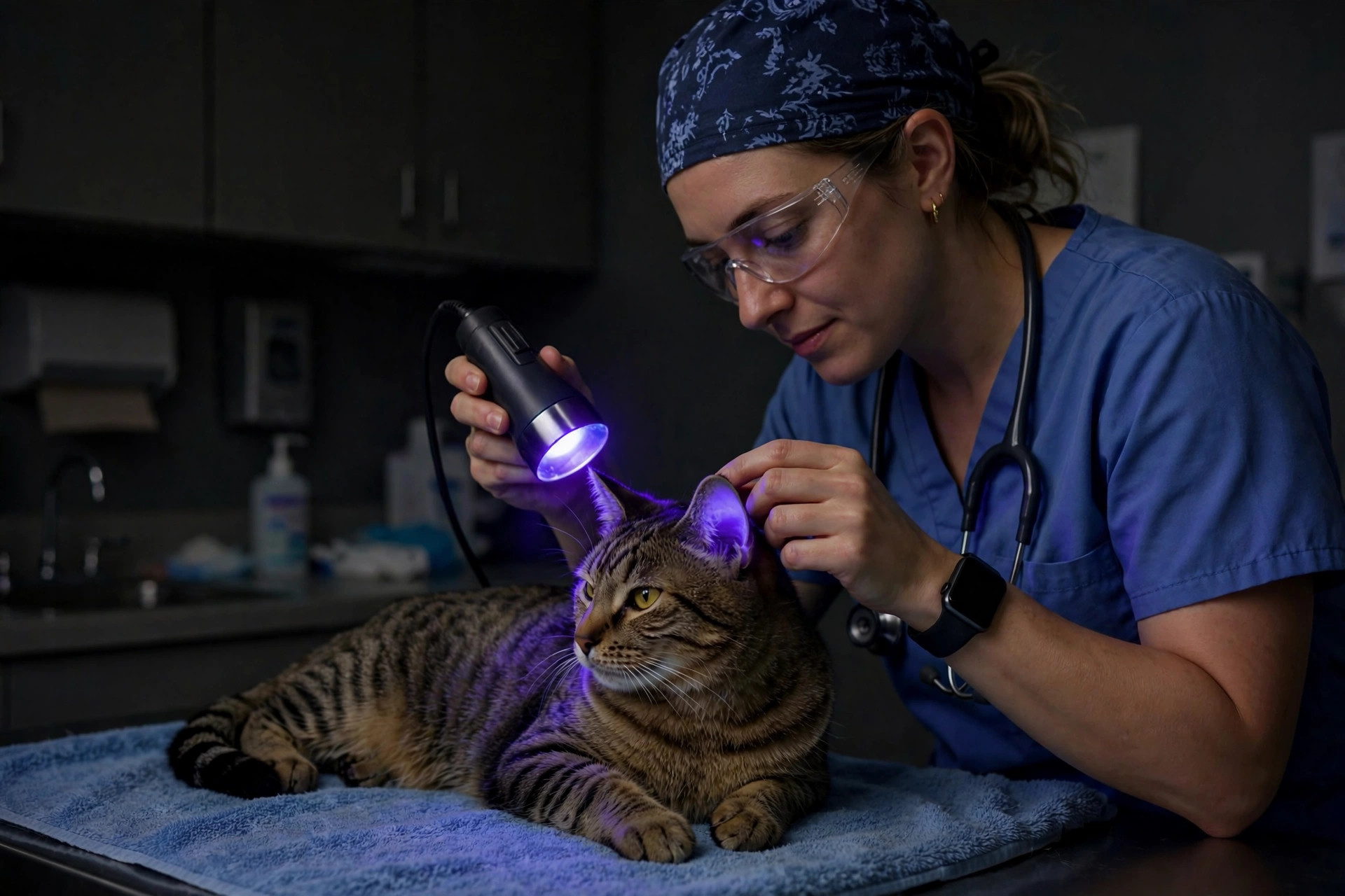 Veterinarian examining a tabby cat's ear with a Wood's lamp UV light to diagnose ringworm in cats