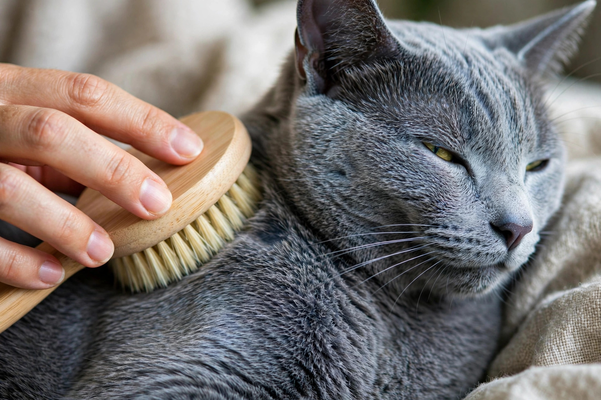 Hand brushing the dense silver-blue double coat of a Russian Blue cat during weekly grooming