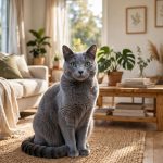 Russian Blue cat with silver-blue plush coat and green eyes sitting in a sunny living room