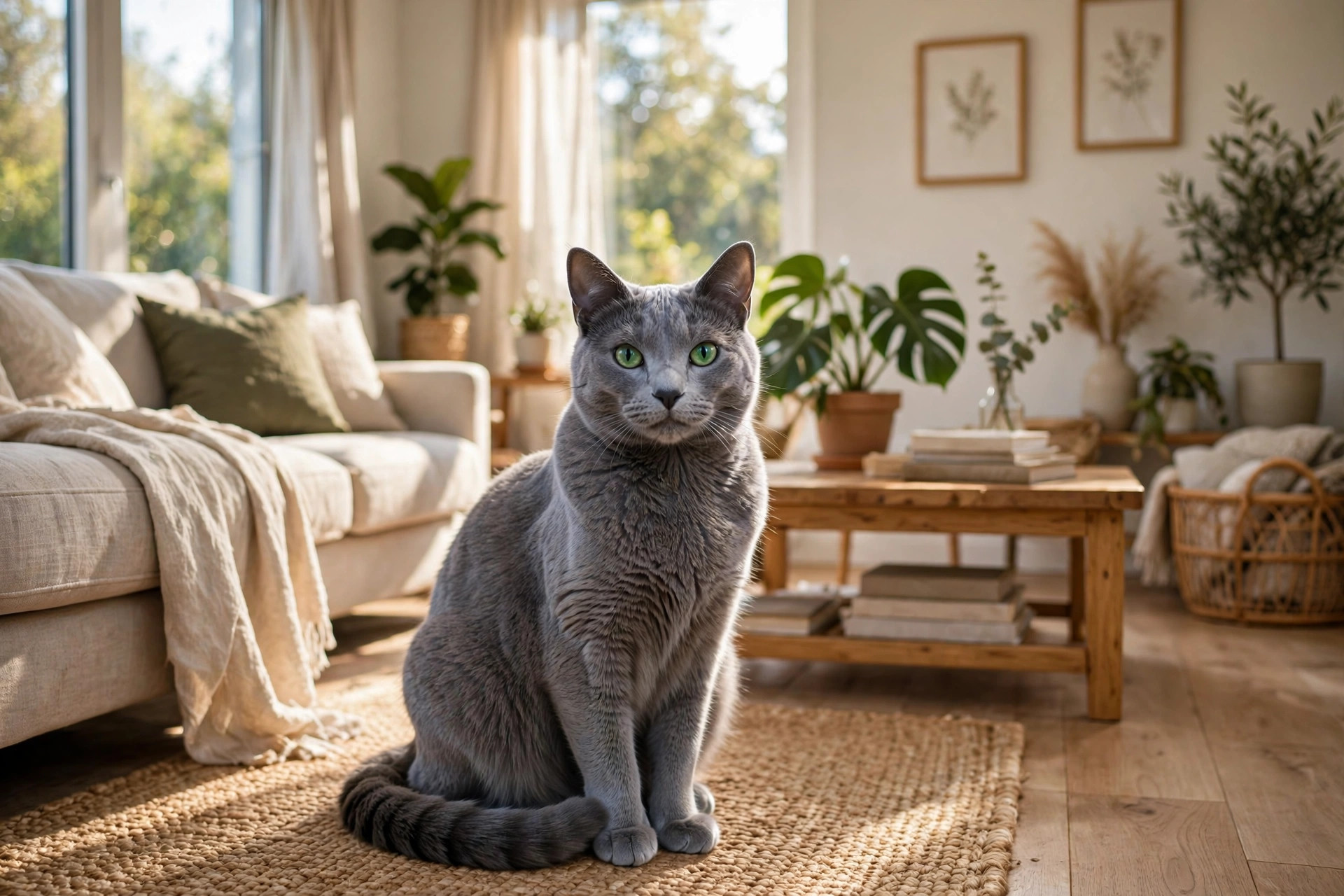 Russian Blue cat with silver-blue plush coat and green eyes sitting in a sunny living room