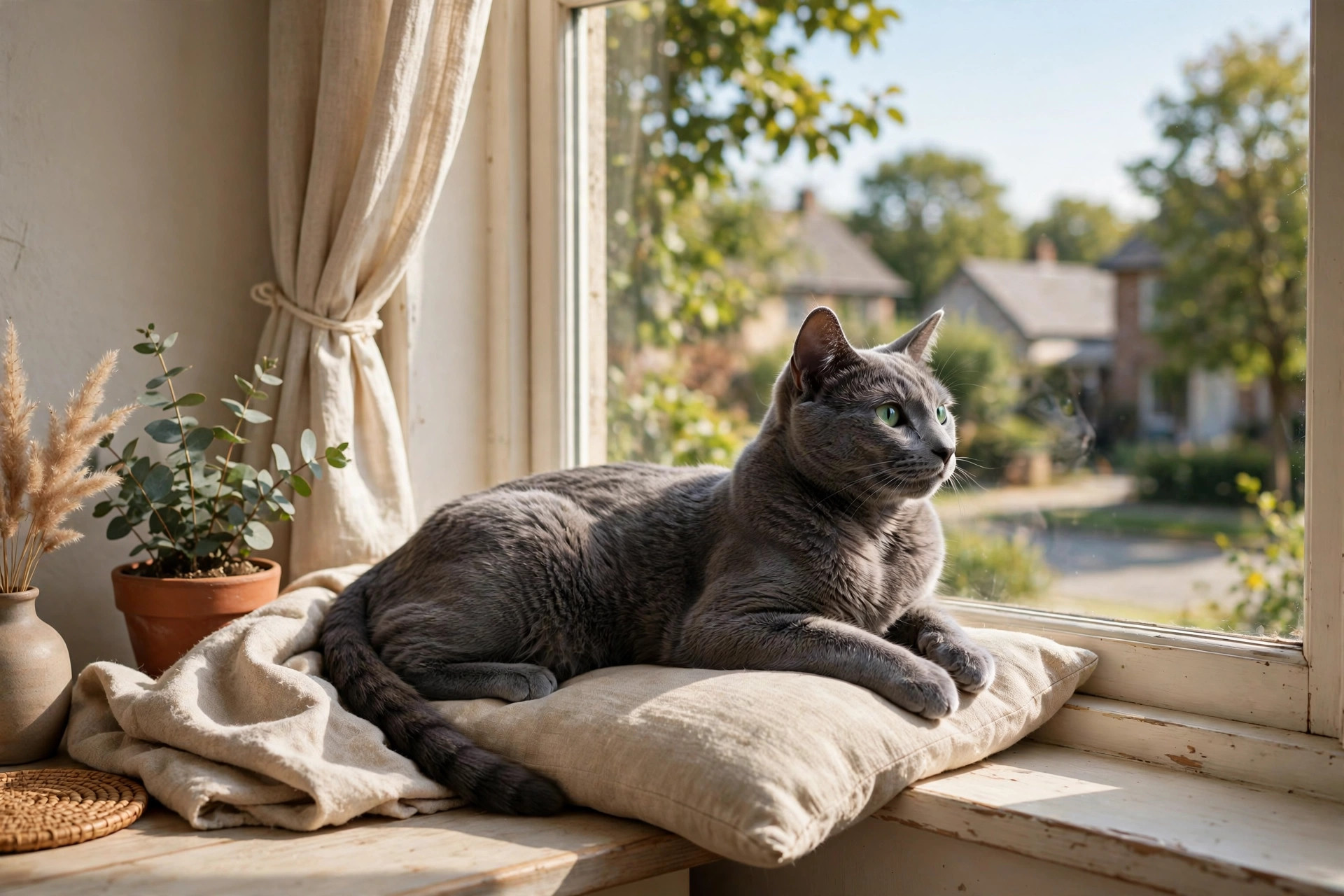 Russian Blue cat lounging peacefully on a sunny windowsill in a calm home