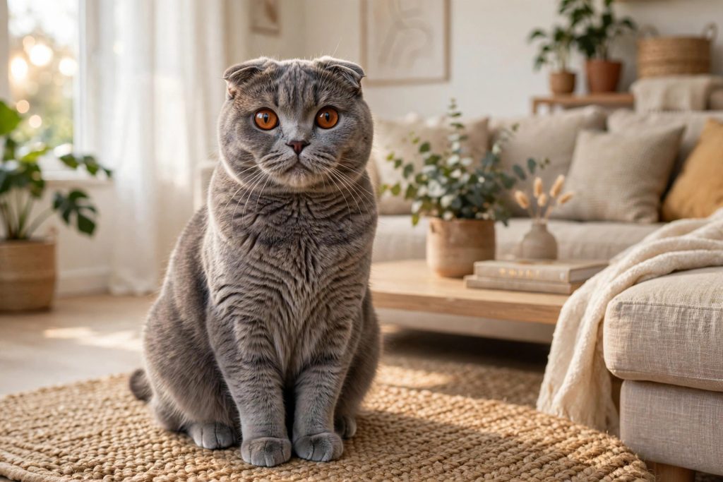 Scottish Fold cat with folded ears sitting upright in a bright modern living room