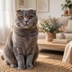 Scottish Fold cat with folded ears sitting upright in a bright modern living room