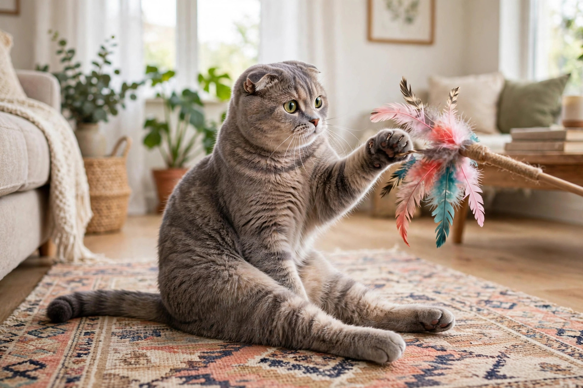 Scottish Fold cat sitting in the famous Buddha position batting at a feather wand toy