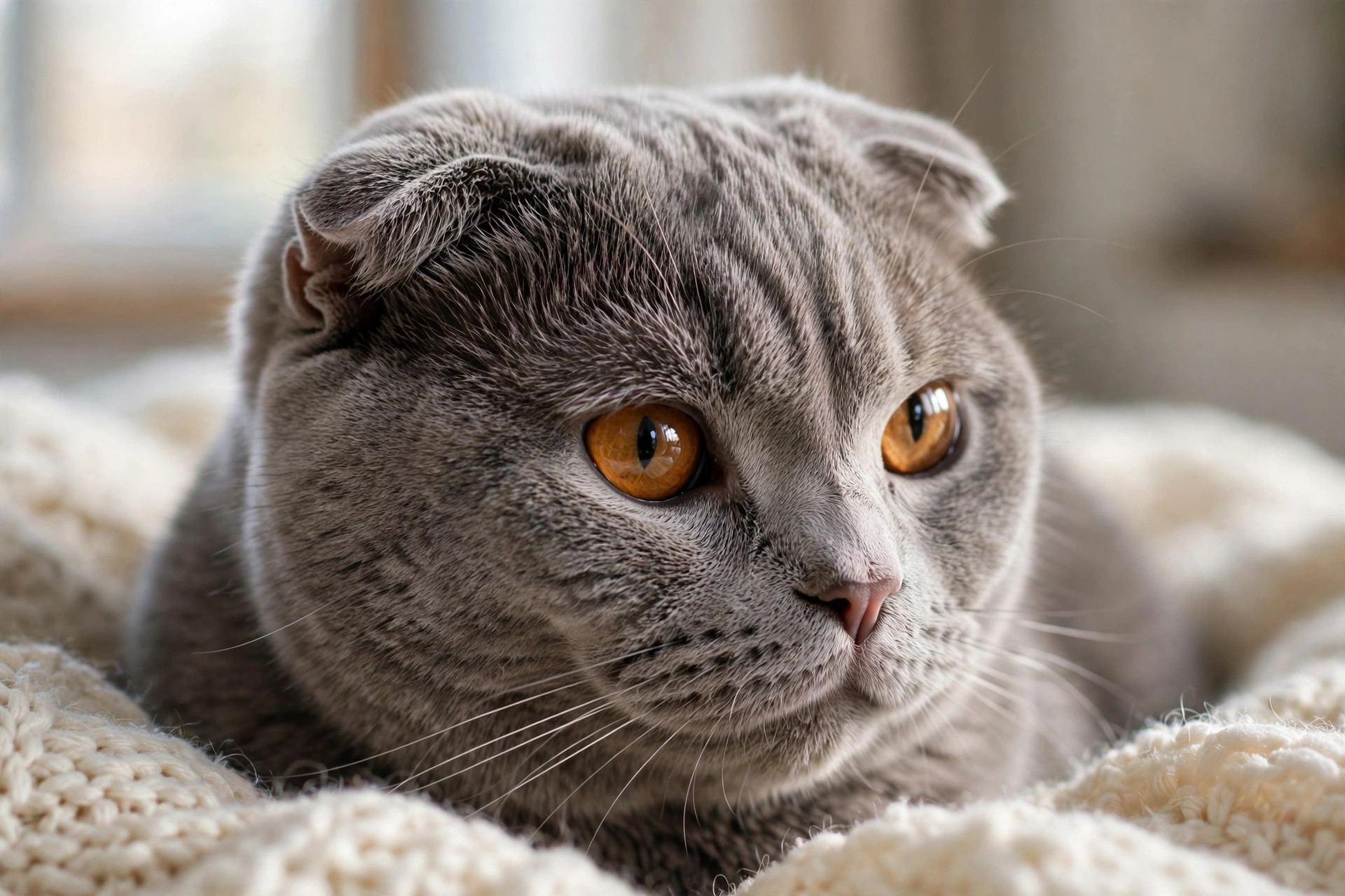 Close-up of a Scottish Fold cat's folded ears and round copper eyes