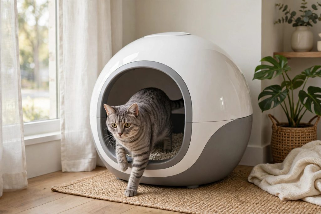 Modern automatic self-cleaning litter box with a gray tabby cat stepping inside