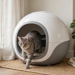 Modern automatic self-cleaning litter box with a gray tabby cat stepping inside