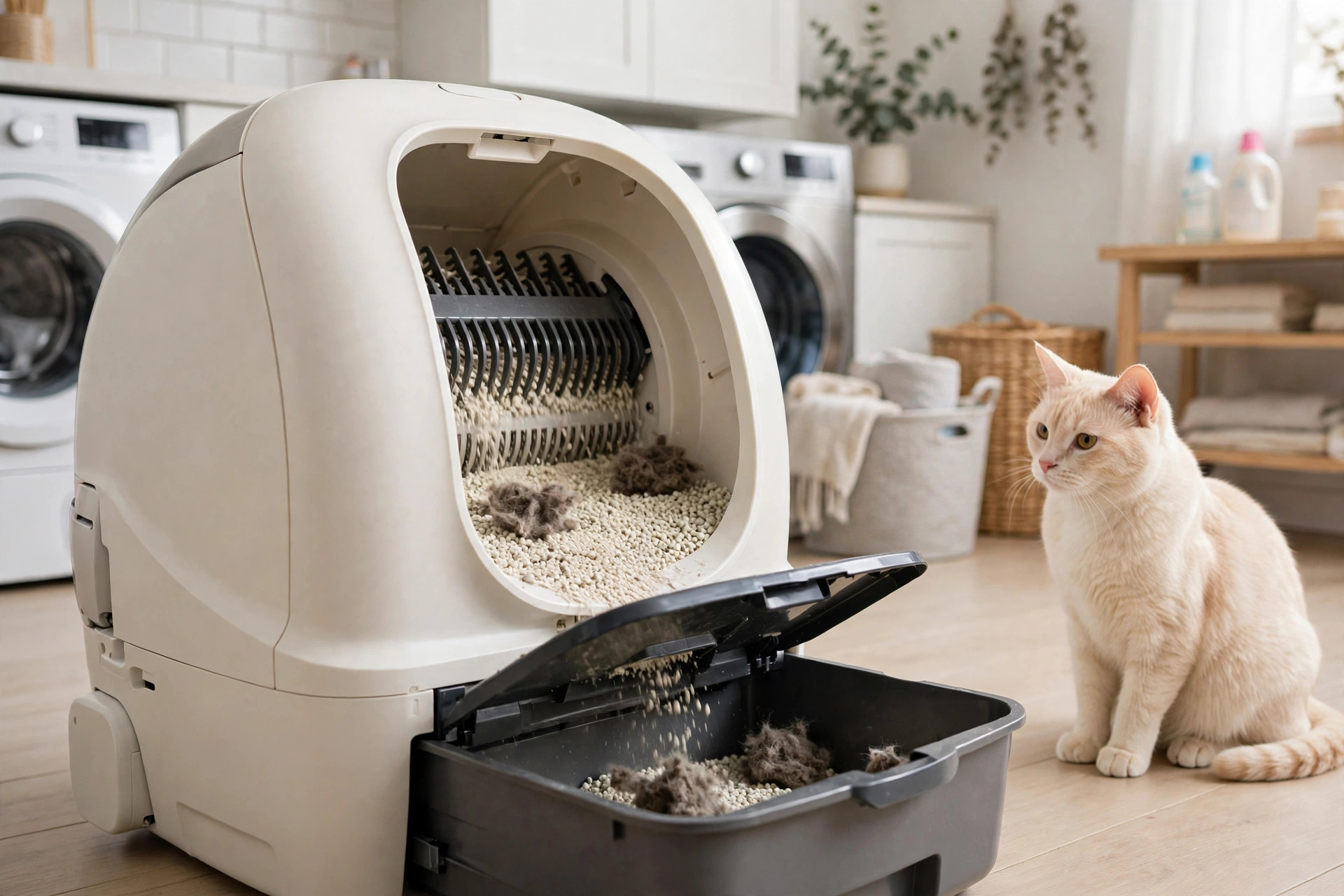 Automatic self-cleaning litter box mid-cycle, sifting clumps into a waste drawer while a cat watches