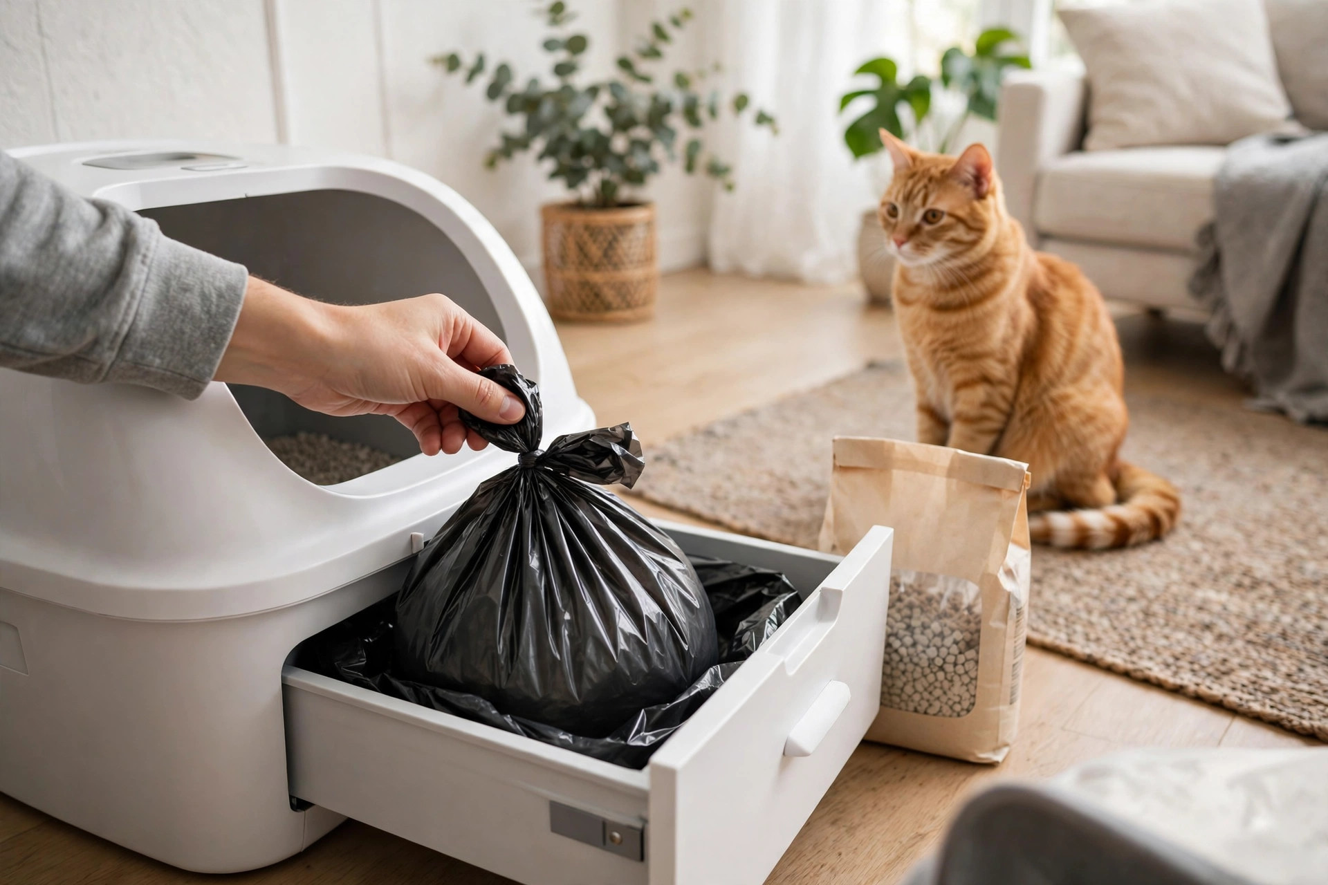 Cat owner replacing the sealed waste bag drawer of a self-cleaning litter box during weekly maintenance