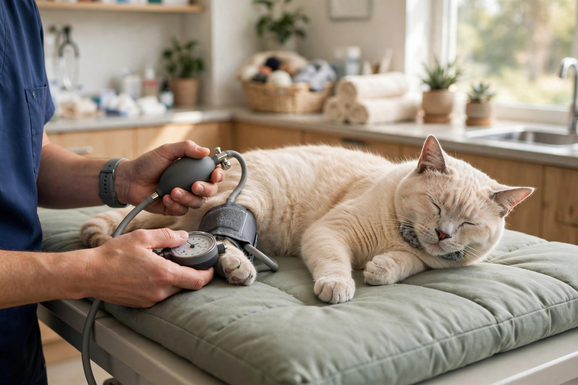Vet technician measuring blood pressure on a senior cat's leg during a senior cat checkup