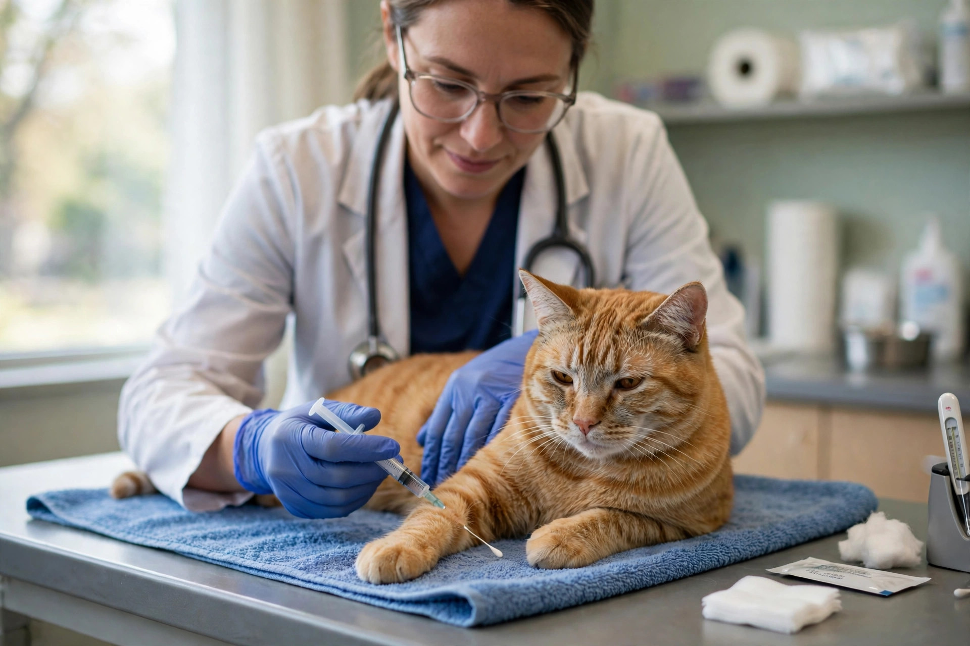 Veterinarian drawing a blood sample from a calm senior orange tabby cat for senior cat checkup blood work