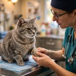 Senior gray tabby cat being examined by a veterinarian during a senior cat checkup