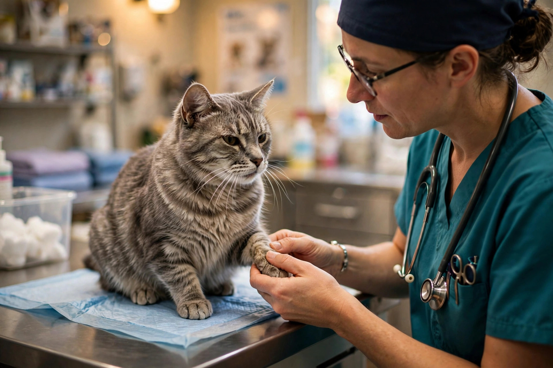 Veterinarian gently examining a senior gray tabby cat on an exam table during a senior cat checkup