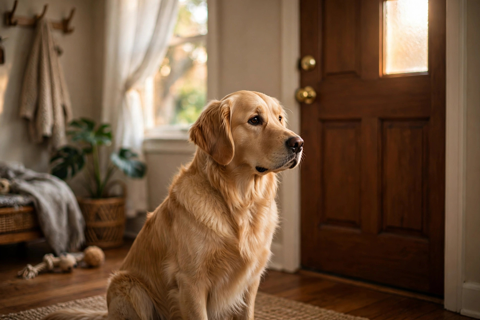 Anxious golden retriever sitting alone by the front door, a classic sign of separation anxiety in dogs