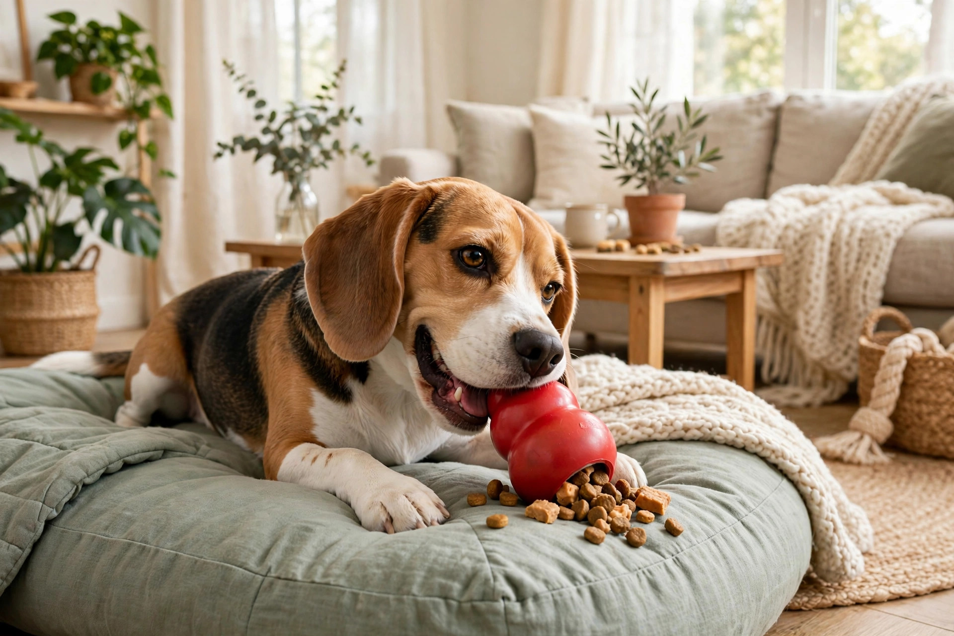 Calm beagle chewing a stuffed KONG puzzle toy, a proven tool for easing separation anxiety in dogs