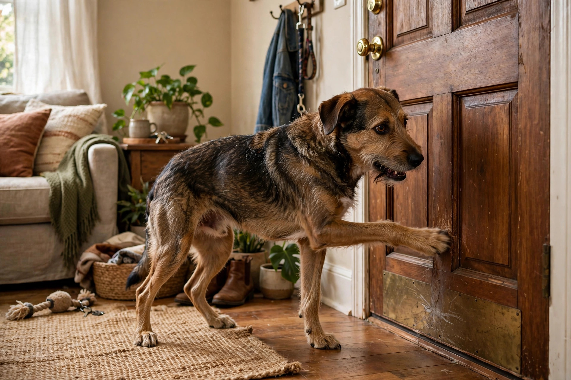 Restless dog scratching and pacing at the front door showing separation anxiety symptoms