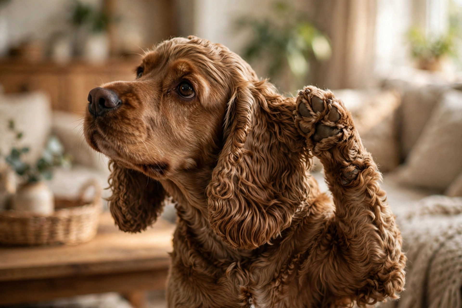 Cocker spaniel scratching its floppy ear, a common sign of ear infection in dogs