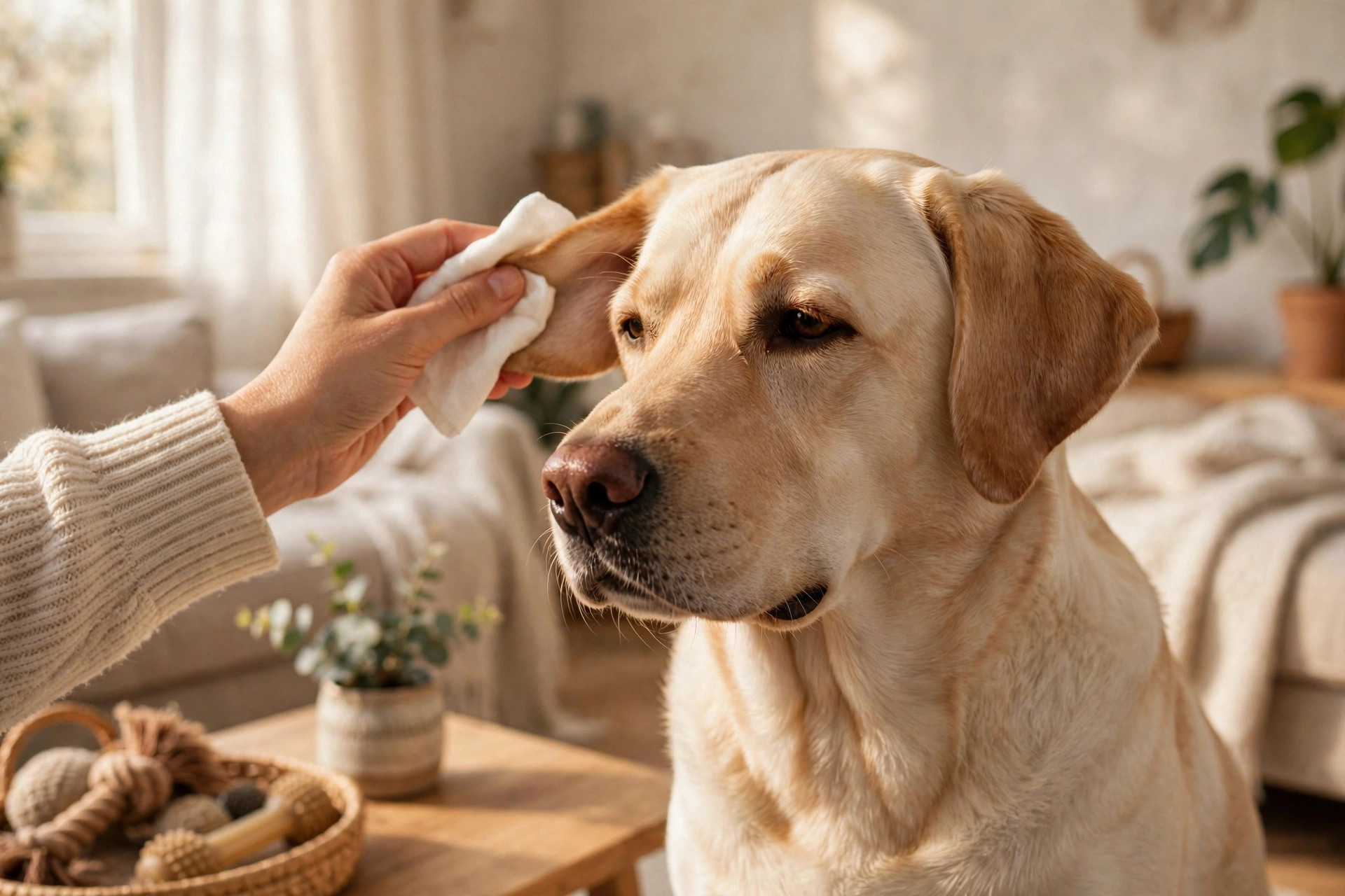 Owner gently cleaning a labrador retriever's floppy ear with a soft cotton pad at home