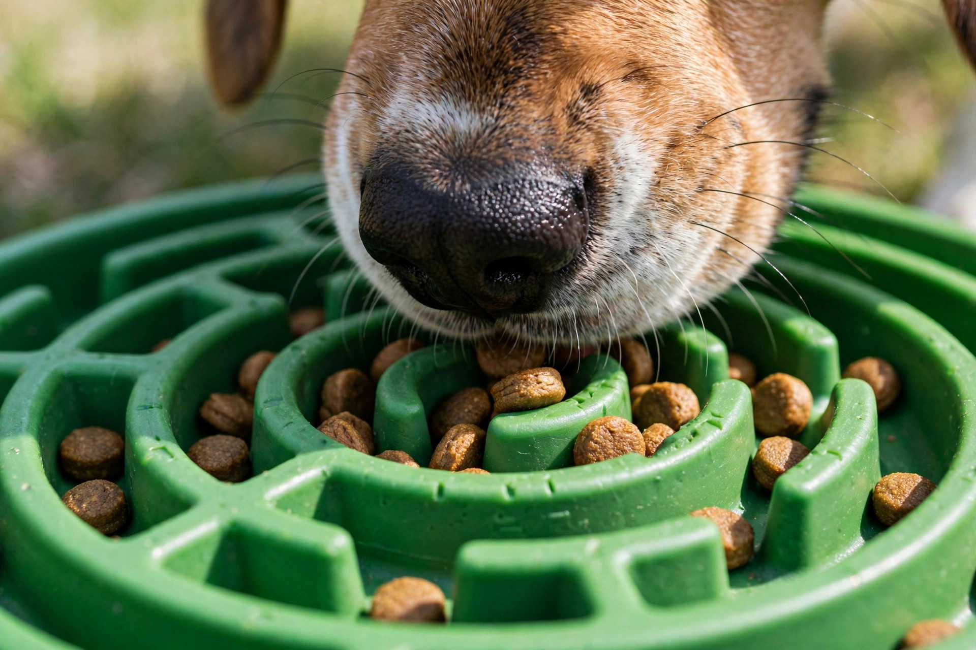 Beagle dog working kibble out of the raised maze ridges of a green slow feeder dog bowl