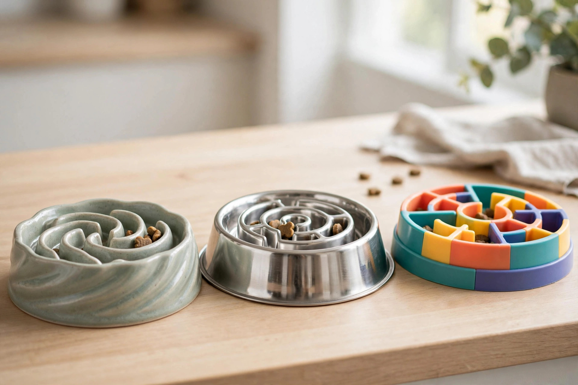 Three slow feeder dog bowls in ceramic, stainless steel, and plastic maze designs arranged on a kitchen counter