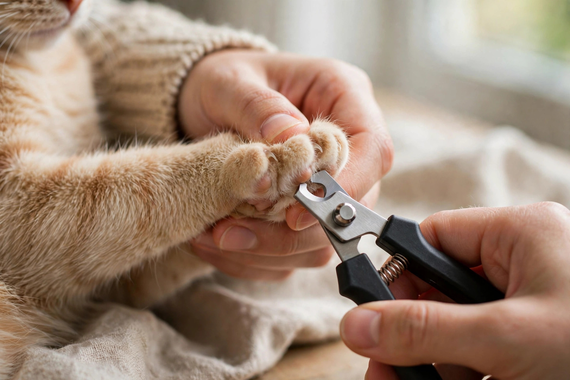 Person gently trimming a cat's front claws with pet nail clippers in soft natural light