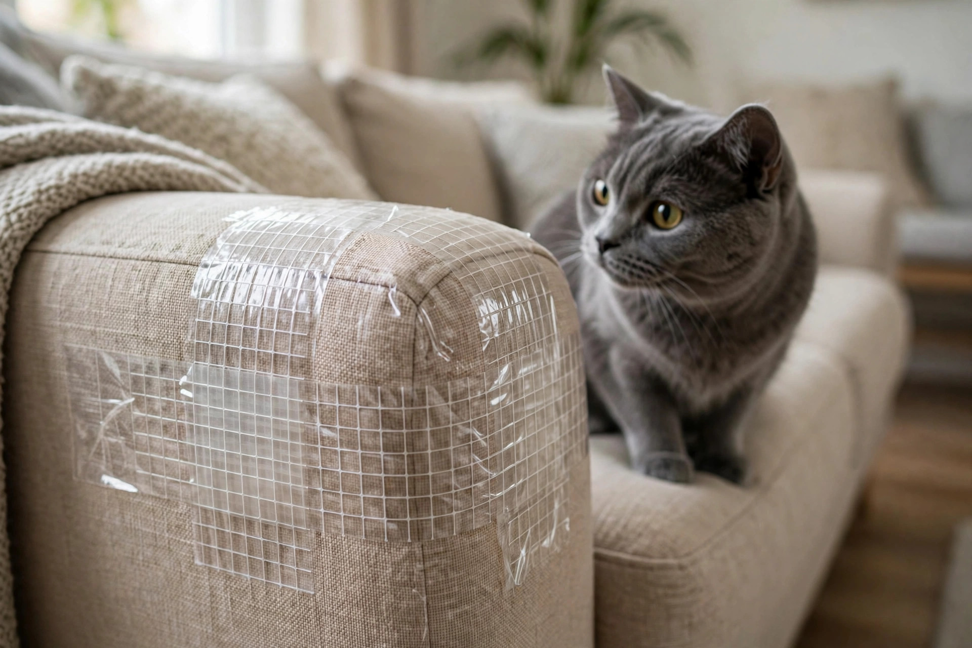 Sofa arm covered with double-sided sticky scratch deterrent tape while a curious grey cat sits nearby