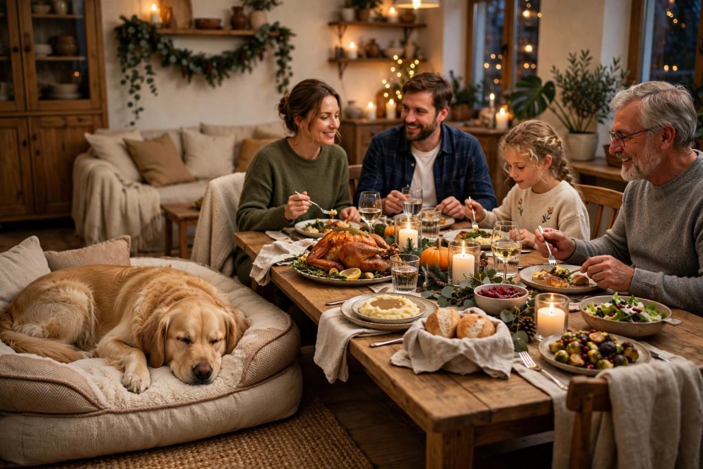 Golden retriever lying calmly on a dog bed while the family enjoys a holiday dinner at the dining table