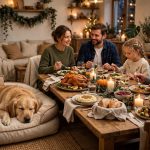 Golden retriever lying calmly on a dog bed while the family enjoys a holiday dinner at the dining table