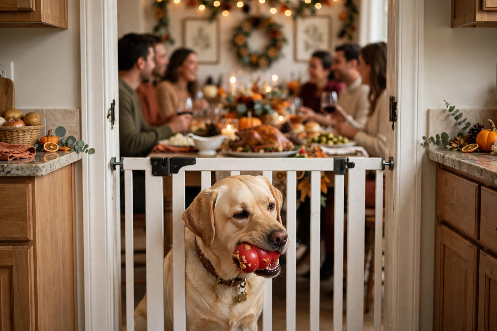 Labrador chewing a stuffed Kong toy behind a baby gate while guests celebrate Thanksgiving dinner in the next room
