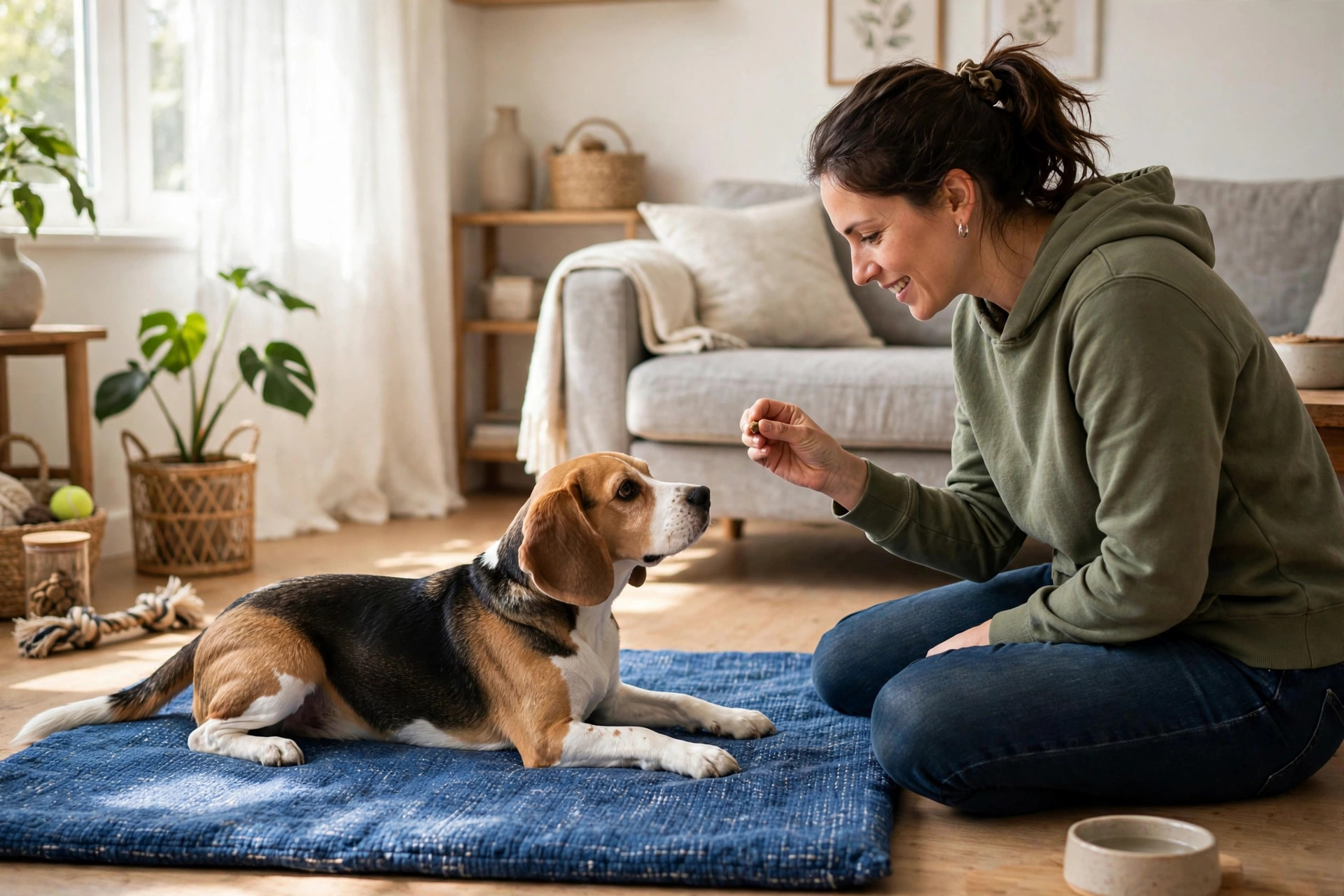Beagle learning the place cue on a blue mat with a treat reward during training