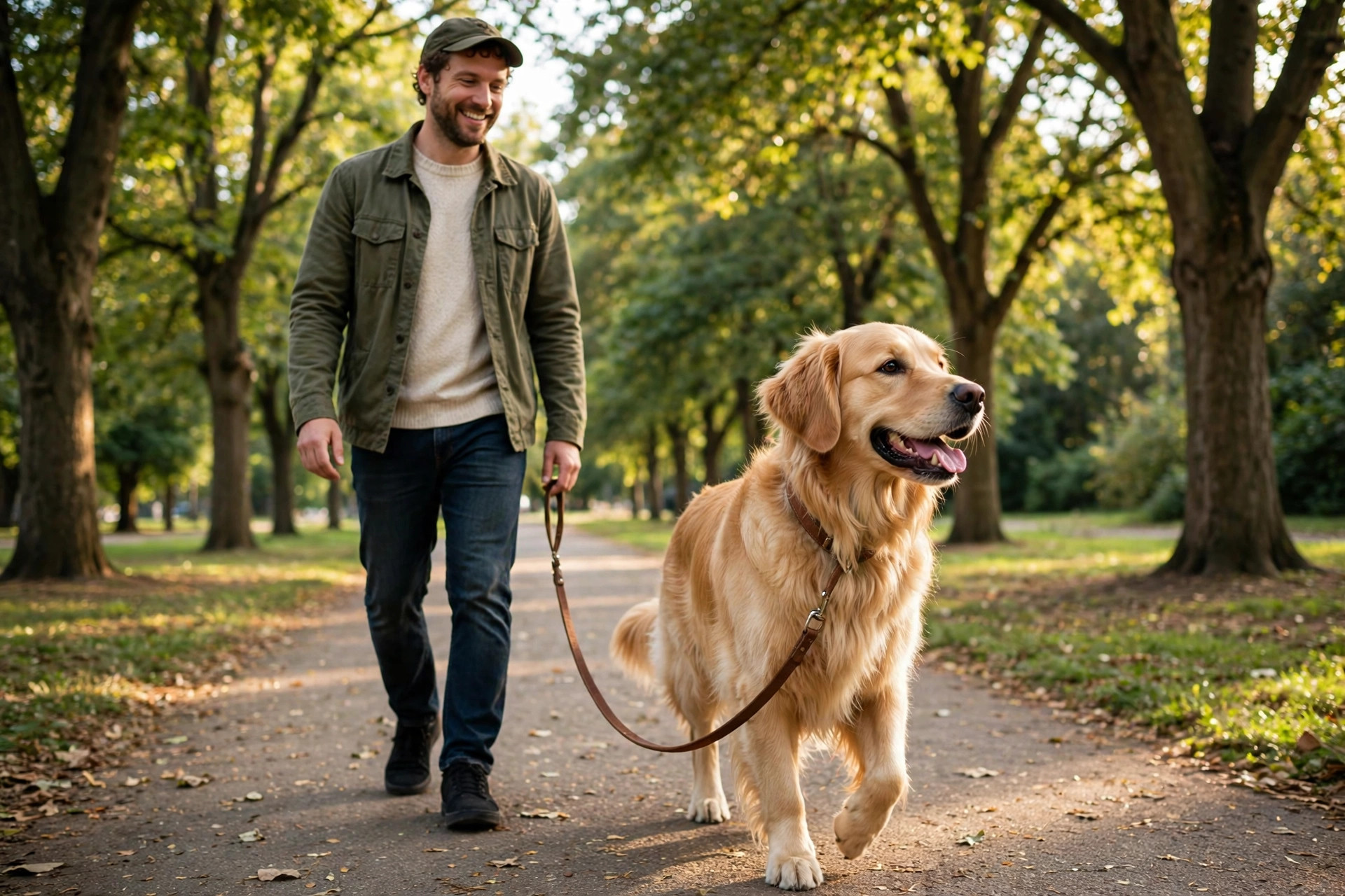 Golden retriever walking calmly on a loose leash beside its owner on a park path