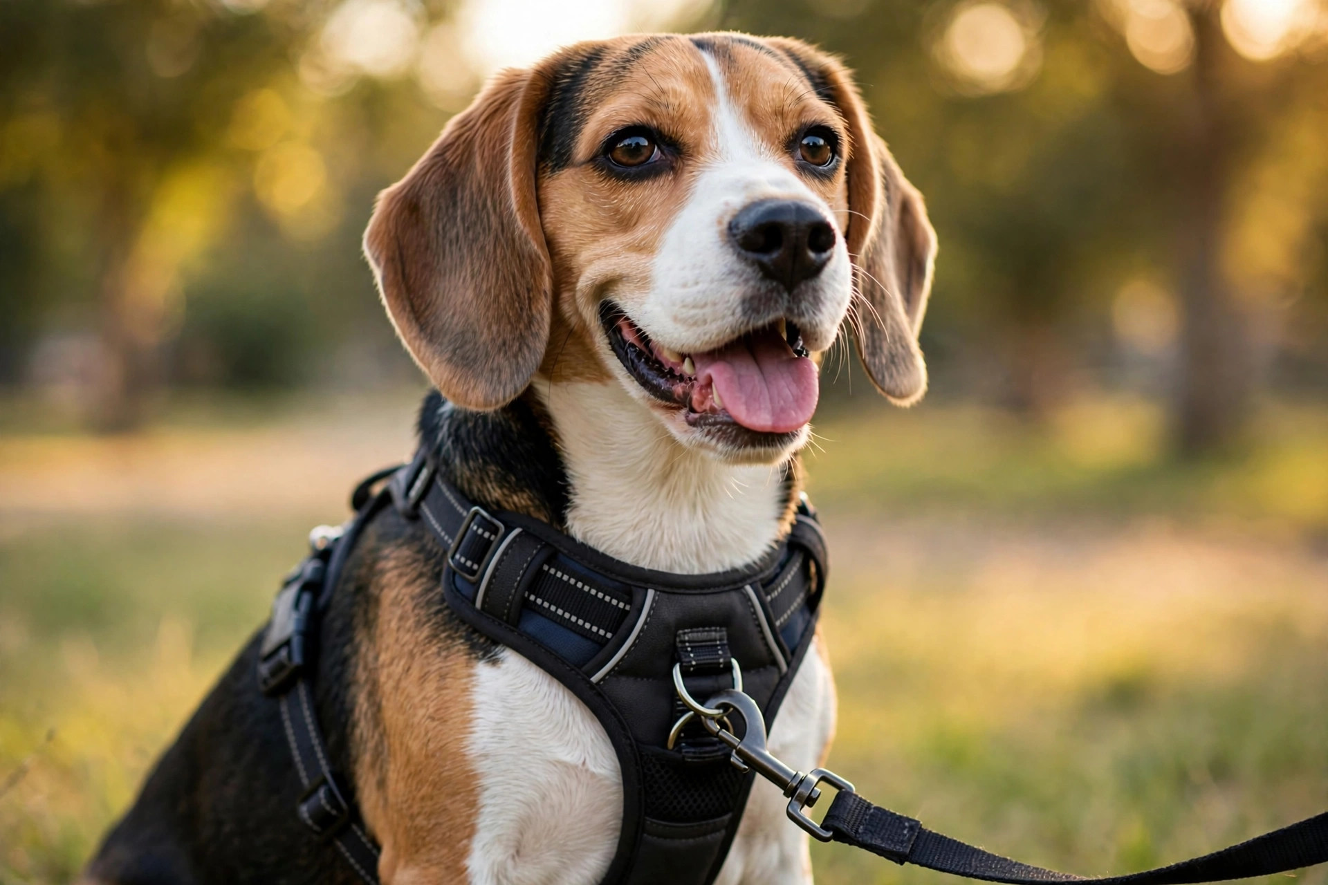 Beagle wearing a front-clip no-pull harness with the leash attached at the chest strap, walking outdoors