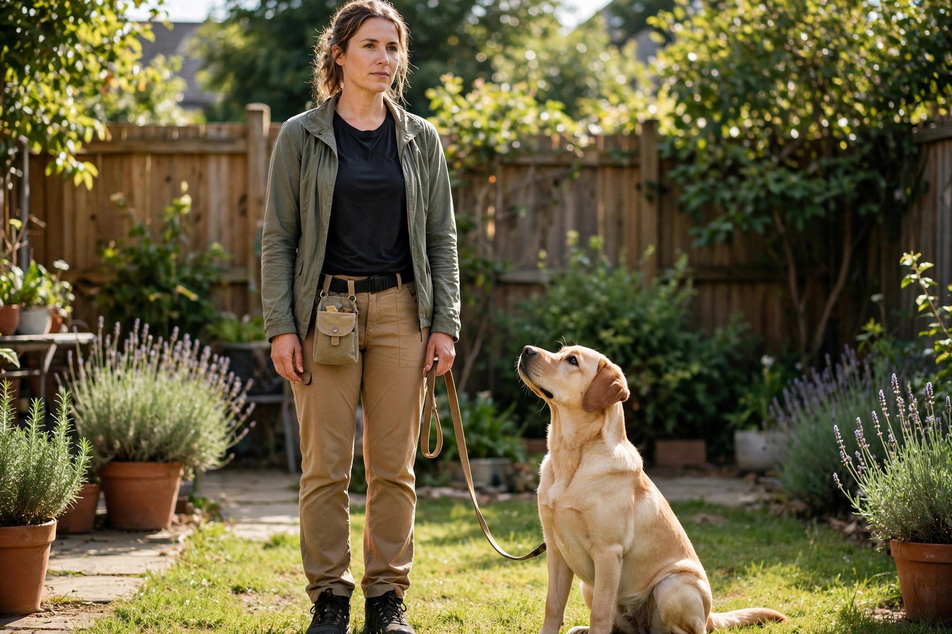 Trainer practicing the be-a-tree method, standing still while a young labrador sits calmly on a loose leash during leash training