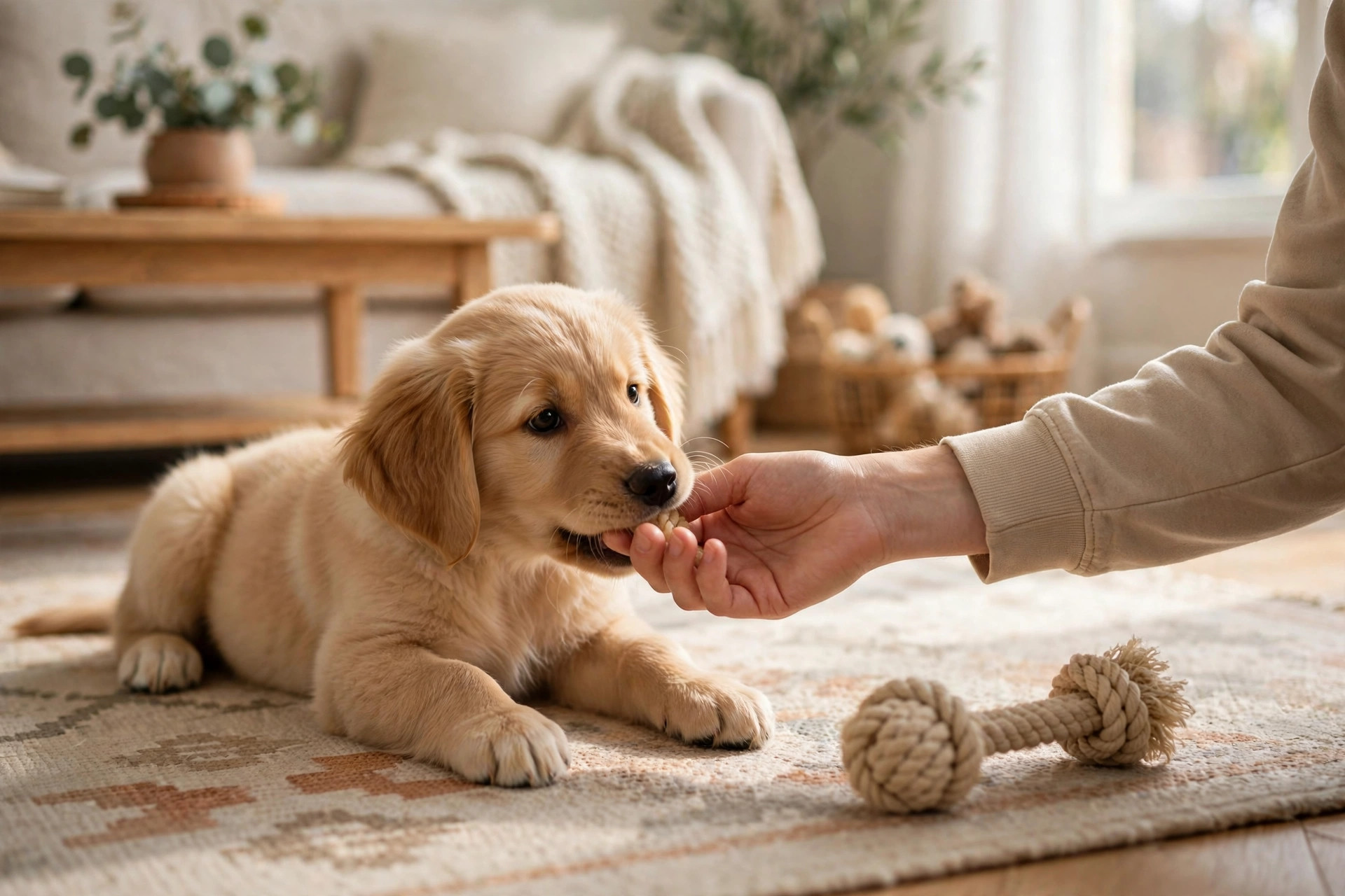 Golden retriever puppy gently mouthing its owner's hand during play on a living room rug