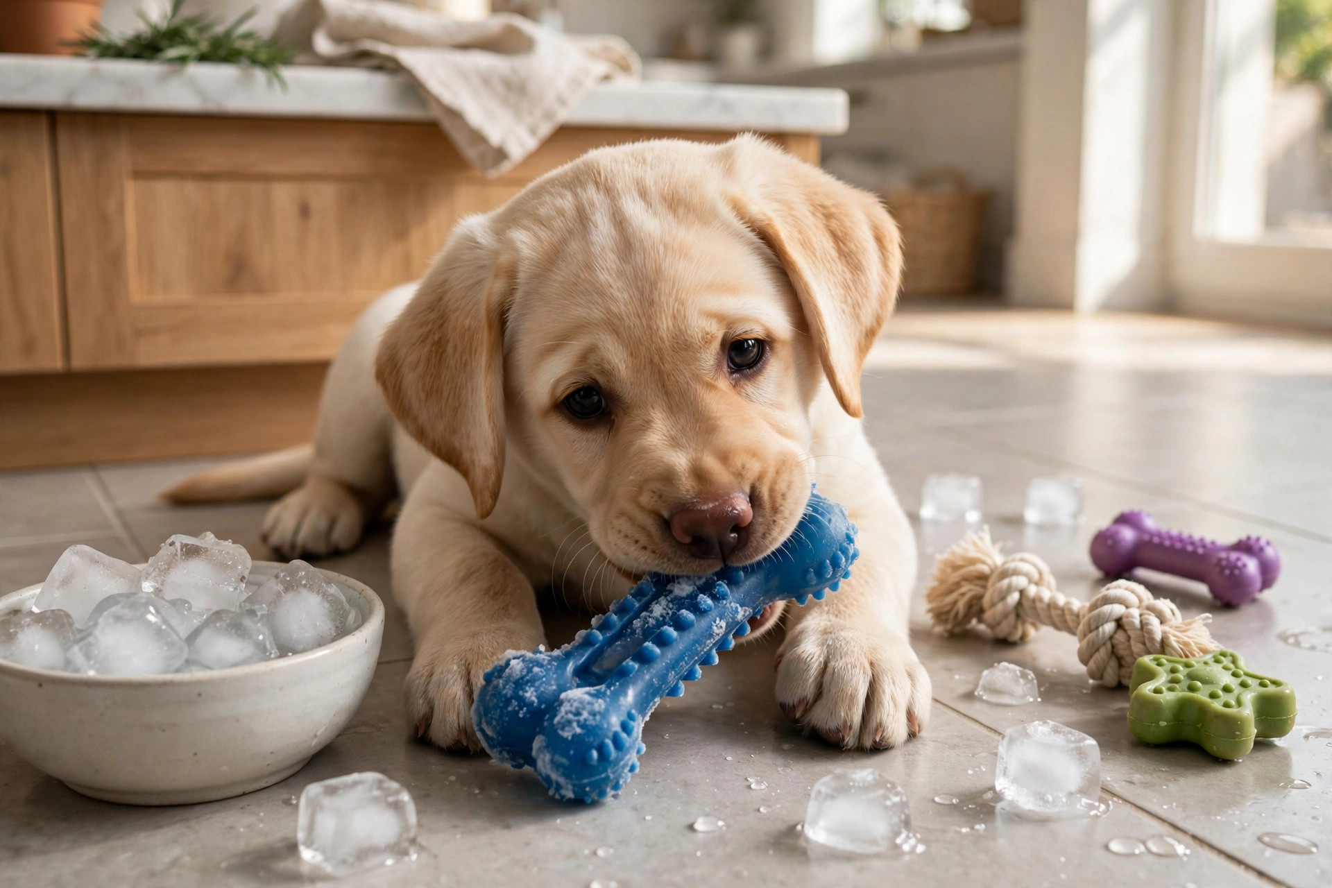 Teething labrador puppy chewing a frozen rubber chew toy on a kitchen floor