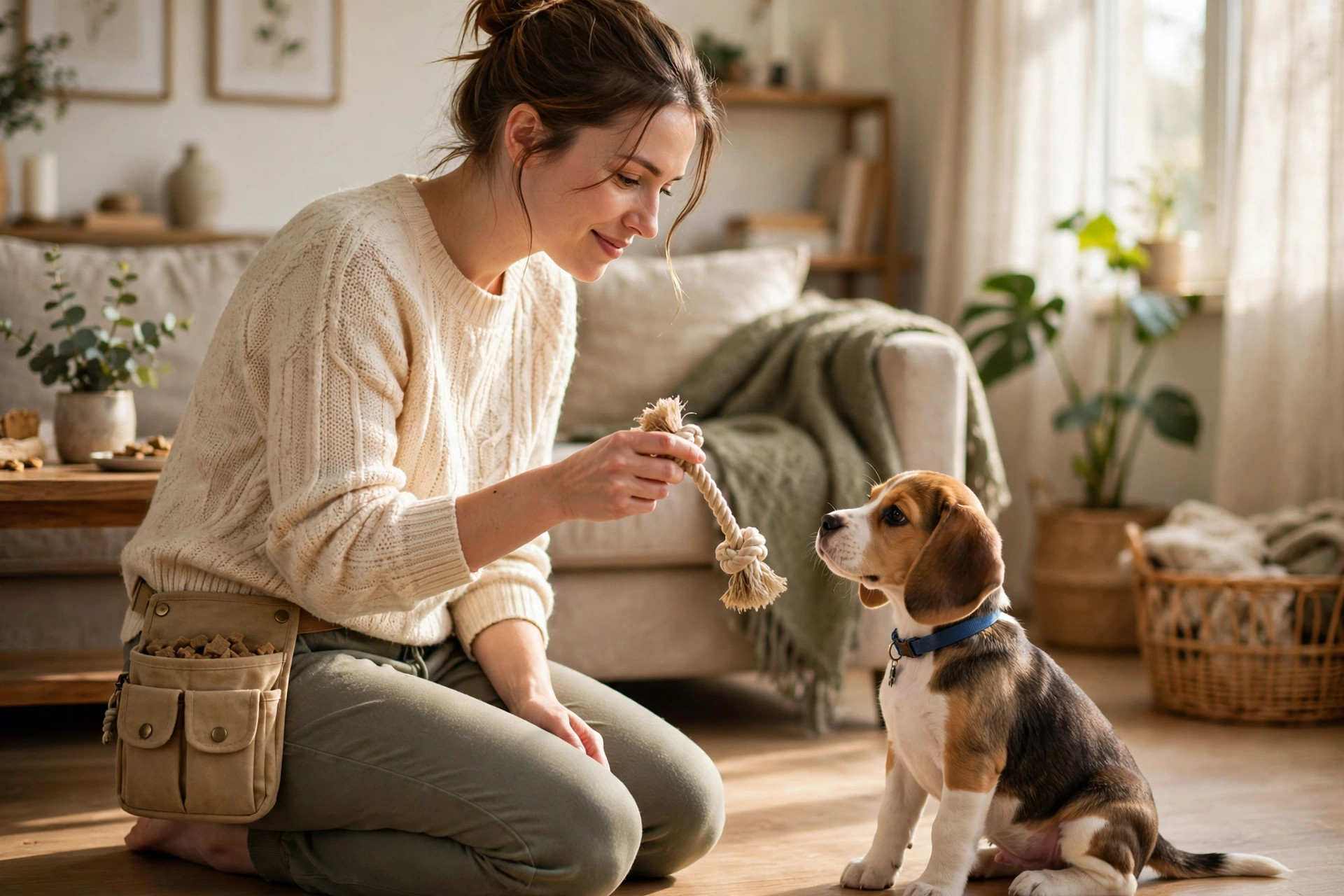 Owner calmly offering a rope toy to a beagle puppy during bite training indoors