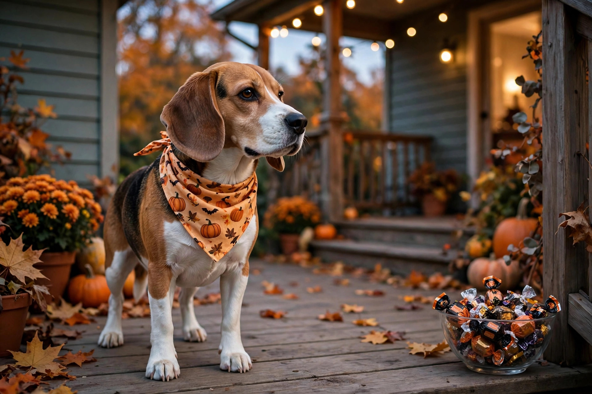 Beagle wearing a comfortable pumpkin Halloween bandana on a porch beside a bowl of wrapped candy