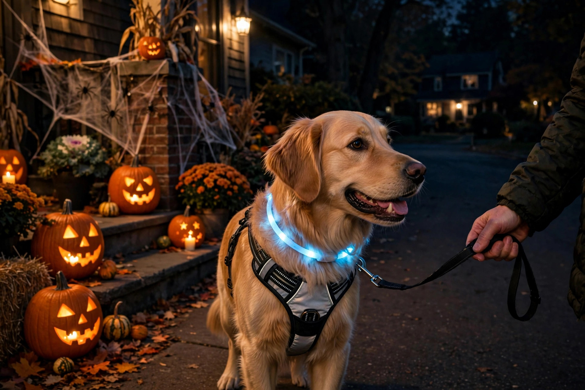 Golden retriever wearing a glowing LED collar and reflective harness on a leash at night past Halloween pumpkins