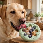 Golden labrador dog licking a freezable Pupsicle dog toy enrichment treat holder