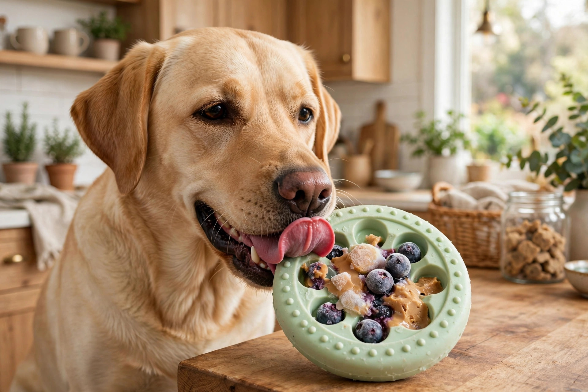 Golden labrador dog licking a freezable Pupsicle dog toy enrichment treat holder