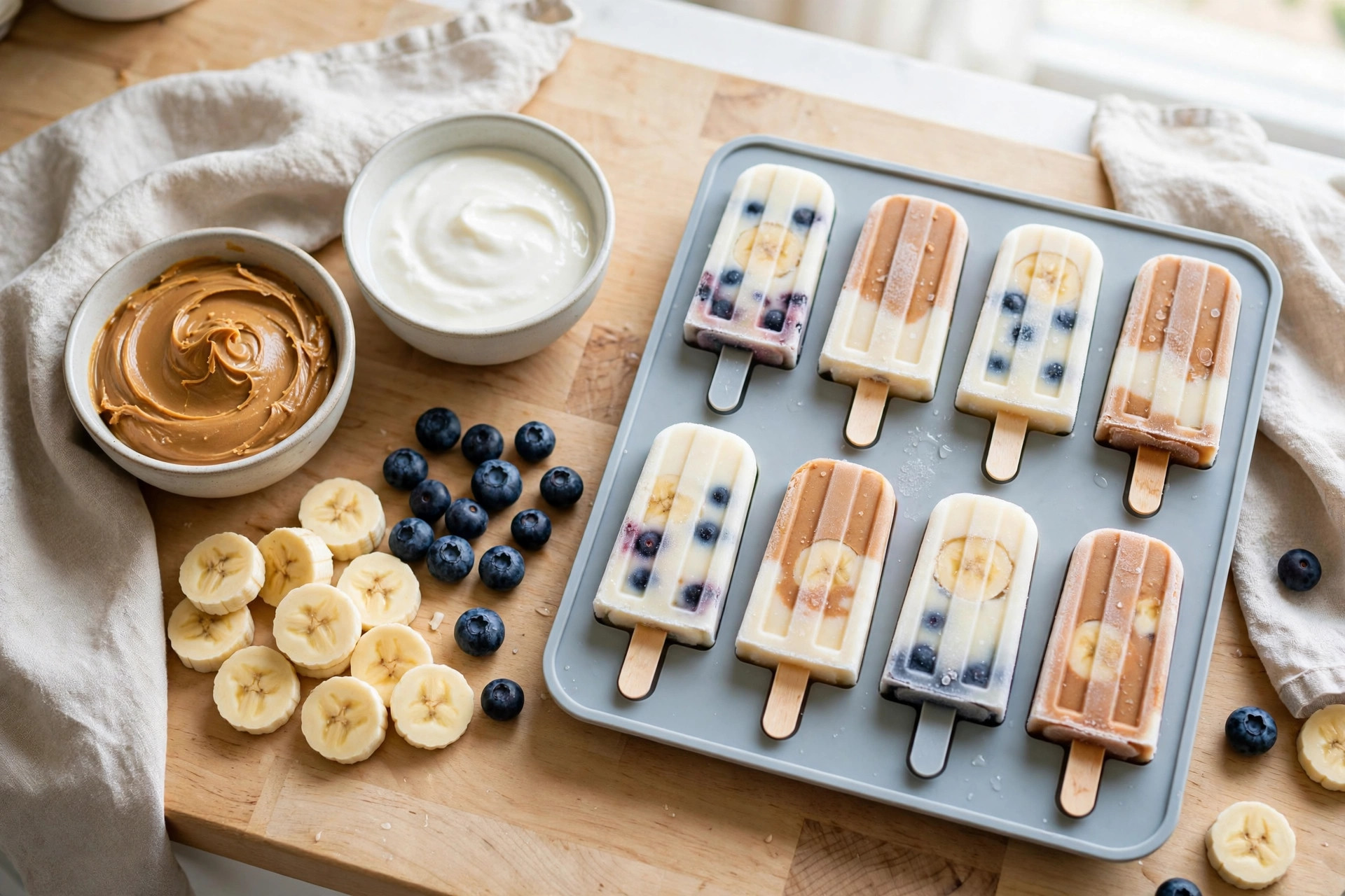 Dog-safe Pupsicle fillings on a kitchen counter: peanut butter, yogurt, banana and blueberries with a treat tray