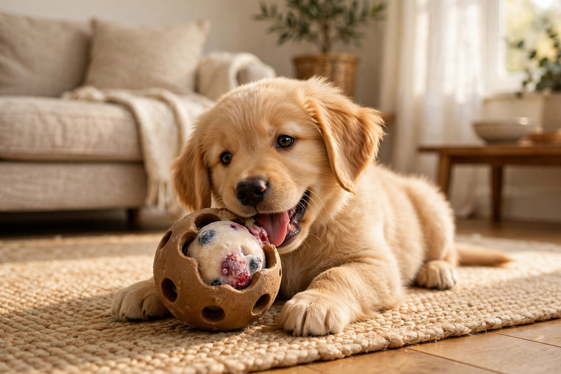 Golden retriever puppy safely licking a frozen treat inside a Pupsicle rubber enrichment toy