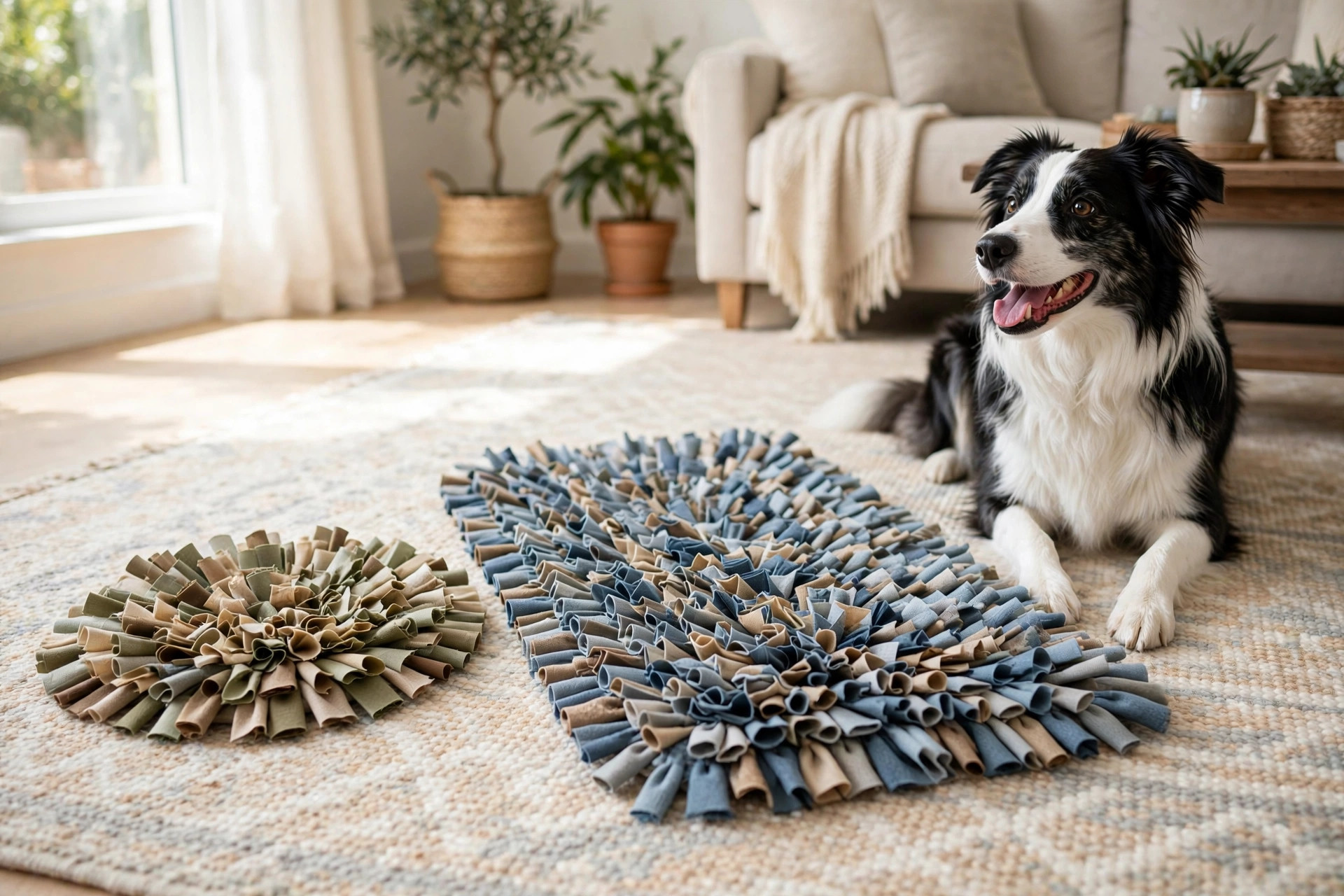 Two snuffle mats in different sizes laid out side by side with a border collie nearby