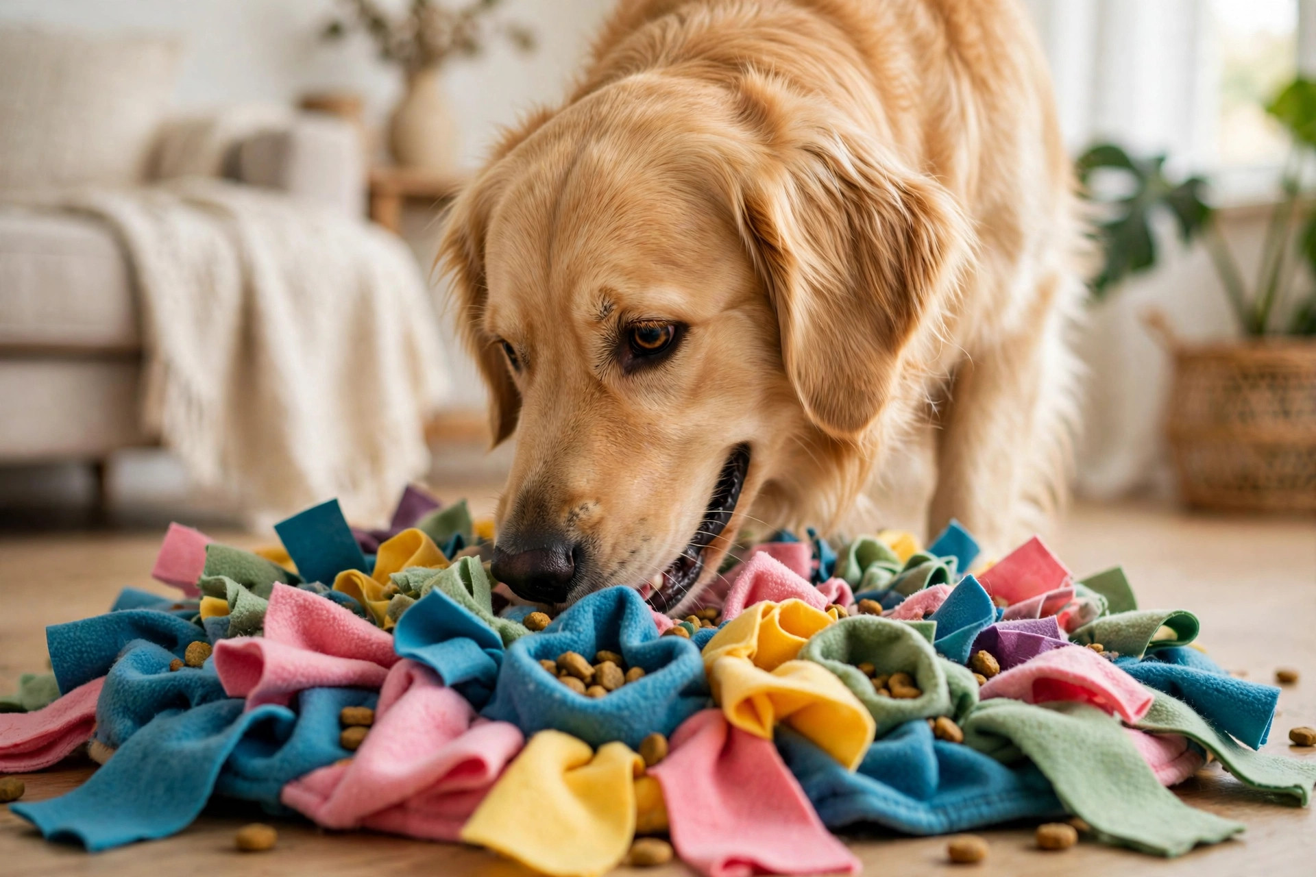 Golden retriever foraging for kibble in the fleece folds of a snuffle mat in a bright living room